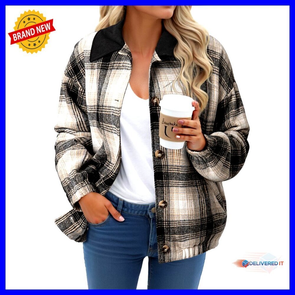 Plaid Flannel Shacket Corduroy Collar Fleece Lined Oversized Boyfriend Style